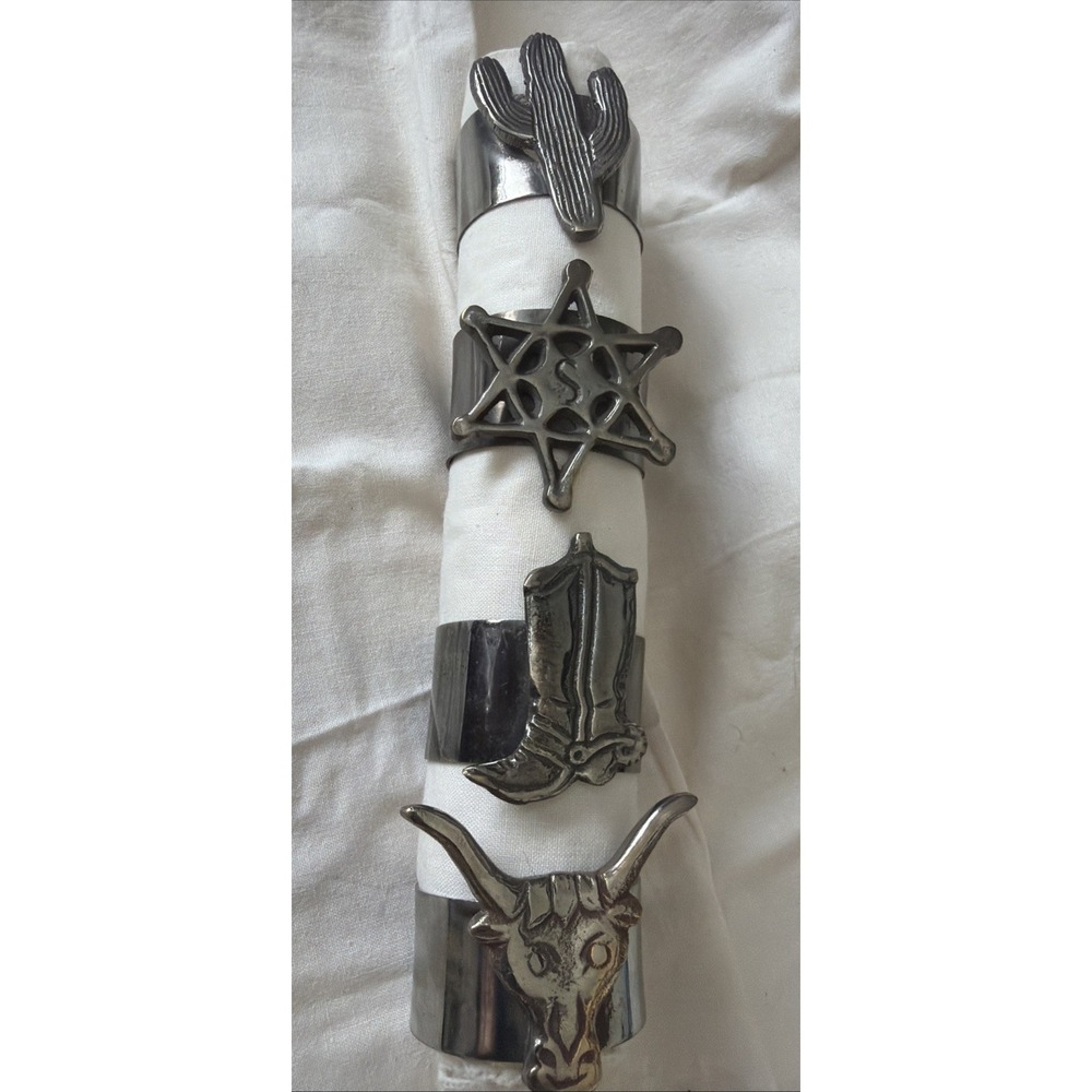 Vintage Cowboy Silver Tone Napkin Rings Set Of 4